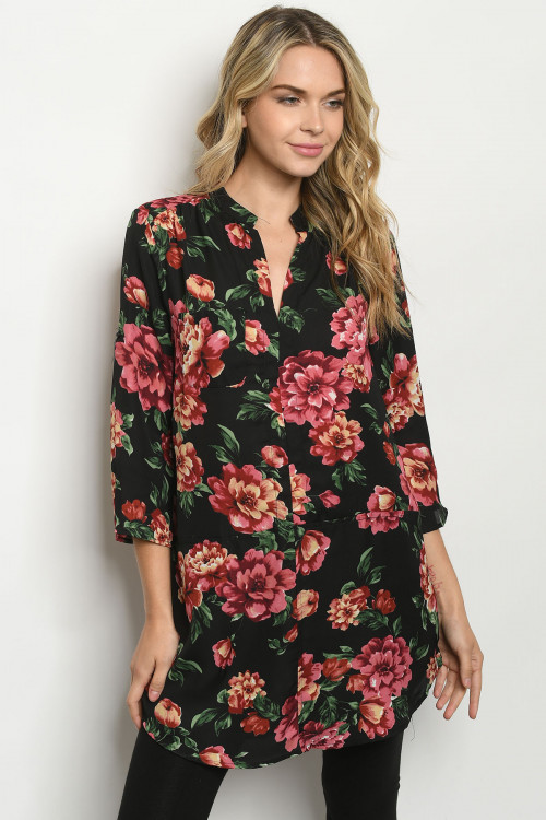 Black floral tunic top Clearance