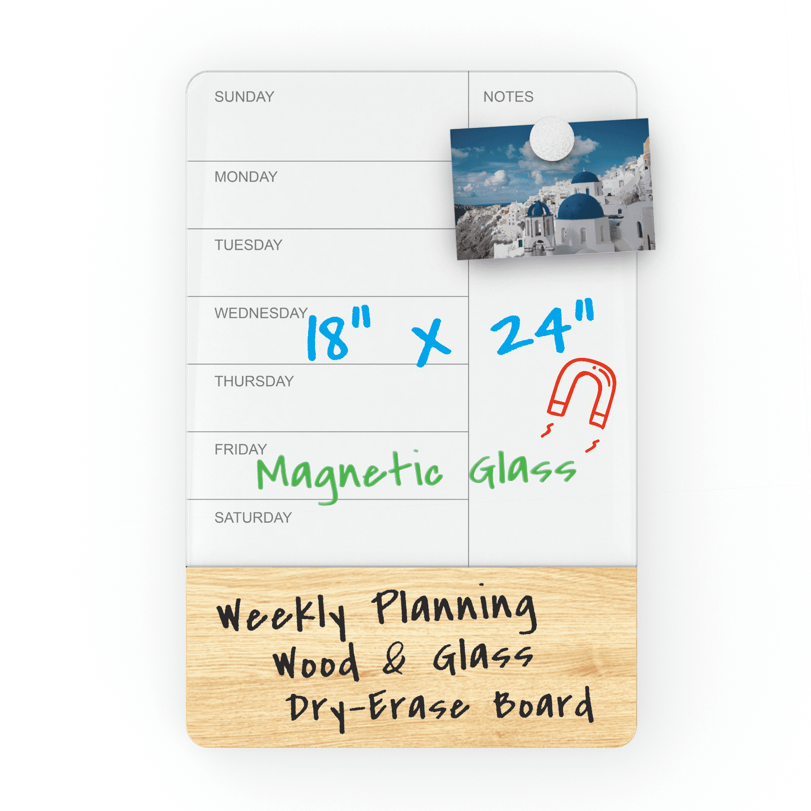 AudioVisual Direct Wall Mounted Weekly Planner Glass & Wood DryErase