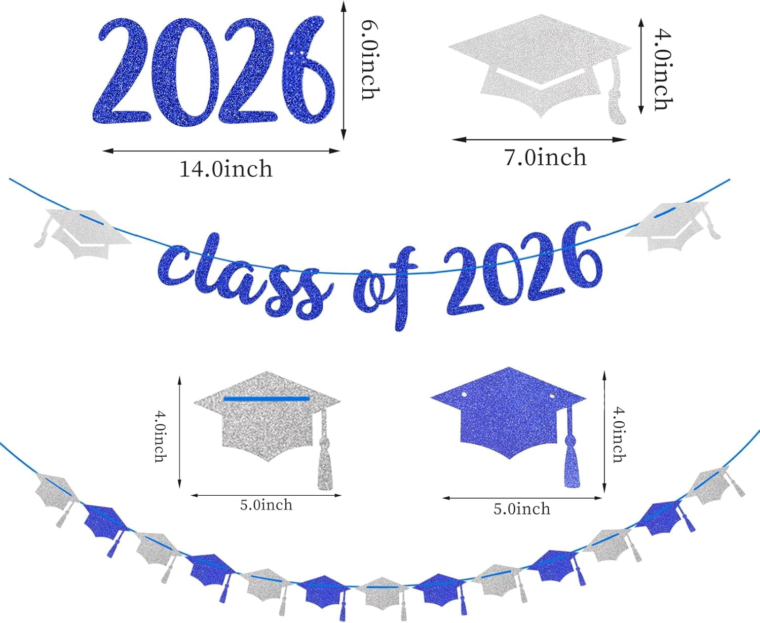 Navy-Blue Silver Party-Decorations Graduation Banner-Streamers - 18pcs Kits Class of 2026 Garland, Paper Tissue Pom Poms Fan, Honeycomb Lanterns Congrate Grad Congratulations Decor