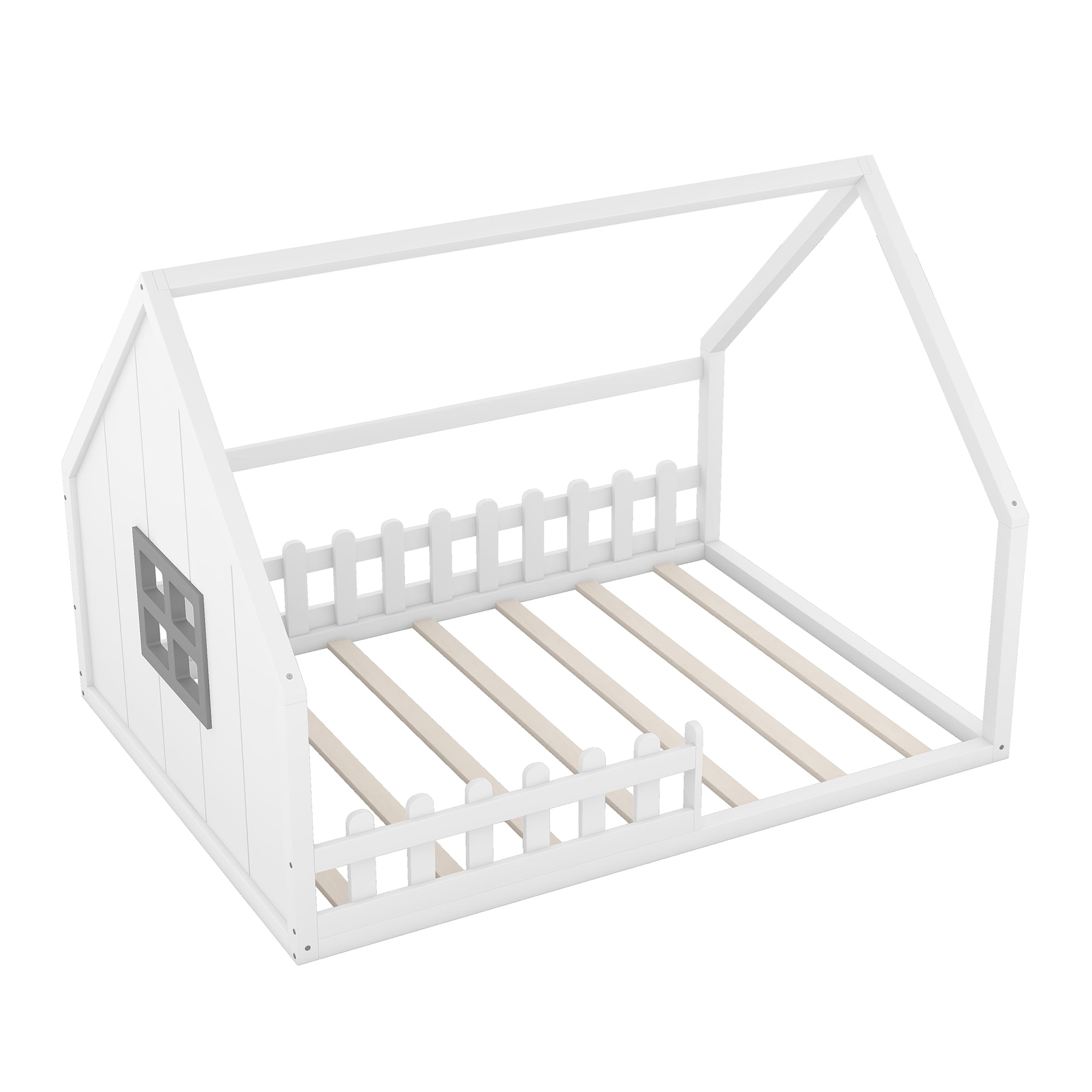 Bellemave House Bed Full Size Floor Bed with Fence Railings and Window, Wooden Montessori Floor Bed,Full Size Bed Frame,White