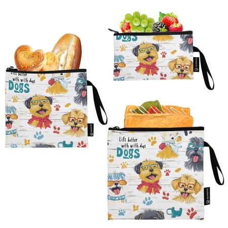 Haosy 3 Pack Reusable Ziploc Bags BPA Free Healthy Food Storage Bag Leakproof Sandwich Snack Freezer Bags Cartoon Dog and Paw