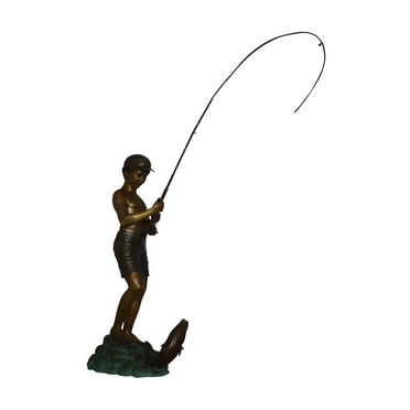 Standing Boy Fishing Fountain Bronze Statue -  Size: 58"L x 25"W x 72"H.