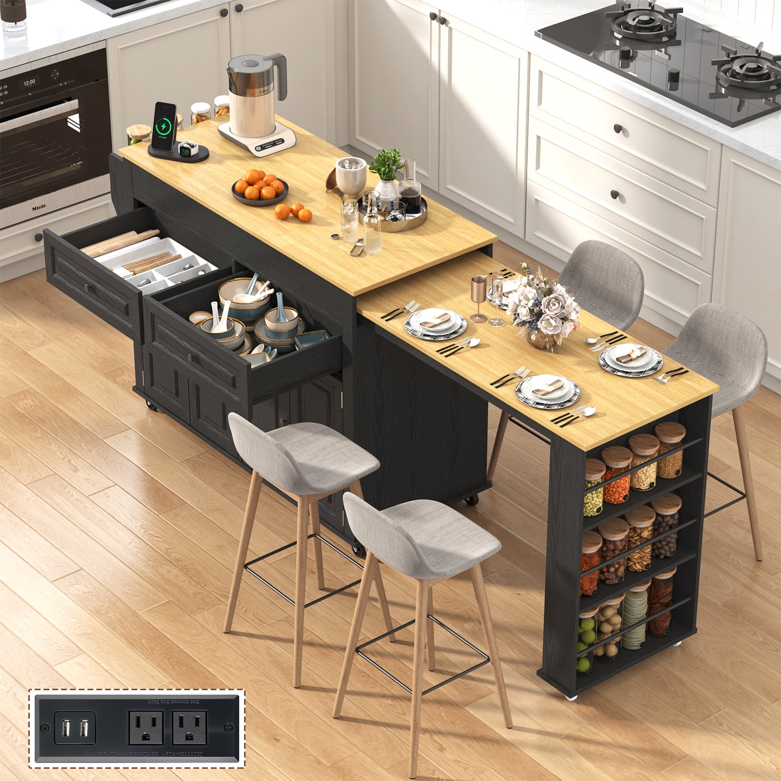 Blotout Large Extendable Kitchen Island Cart (80"-48") - Rolling on Wheels, with Extendable Dining Table, Power Outlet, 2 Cabinets, 2 Drawers & 3 Open Shelves