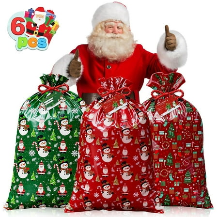 Square 6 PCS Christmas Giant Gift Bags Santa Claus Christmas Sacks for Kids Gift Wrapping Bags(36"x56") with Name Tag Card and String