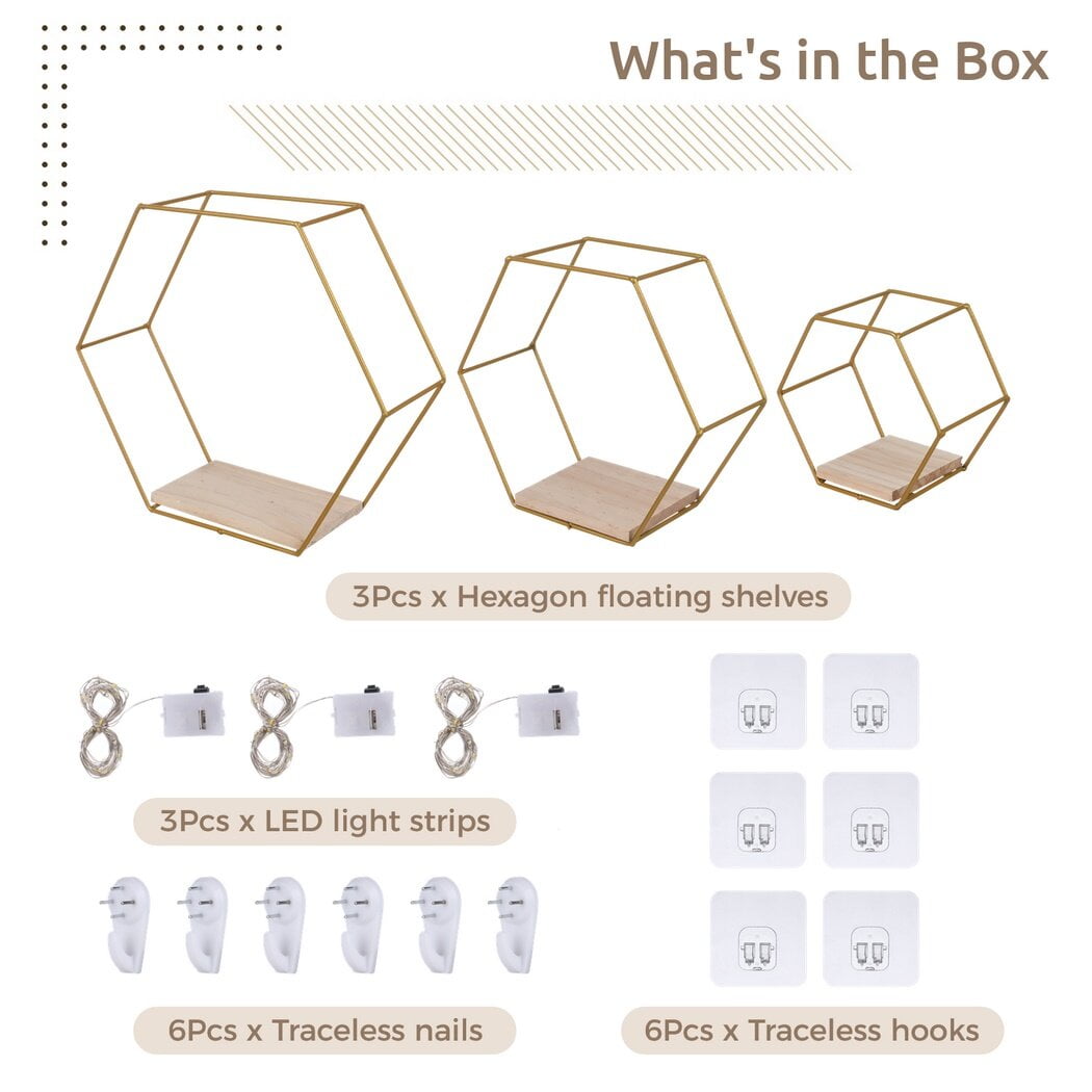 3Pcs Hexagon Floating Shelves with LED Light Strip, Modern Wall Mounted Metal Storage Shelves with Wooden Base, Wall Decor for Home Living Room Bedroom Bathroom