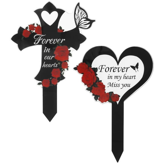 Grusce 2PCS Cross Grave Markers for Cemetery Decoration Memorial Gift, Acrylic Memorial Stakes for Cemetery, Sympathy Garden Stake Cemetery Memorial Sign Outdoor Floor Mount for Yard Garden