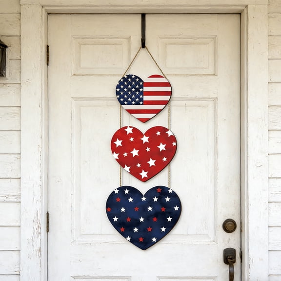 Patriotic American Flag Three Tier Heart Shaped Hanging Wooden Sign For 4Th Of July Celebration Ideal For Front Porch Entryway And Indoor Outdoor Home Decor