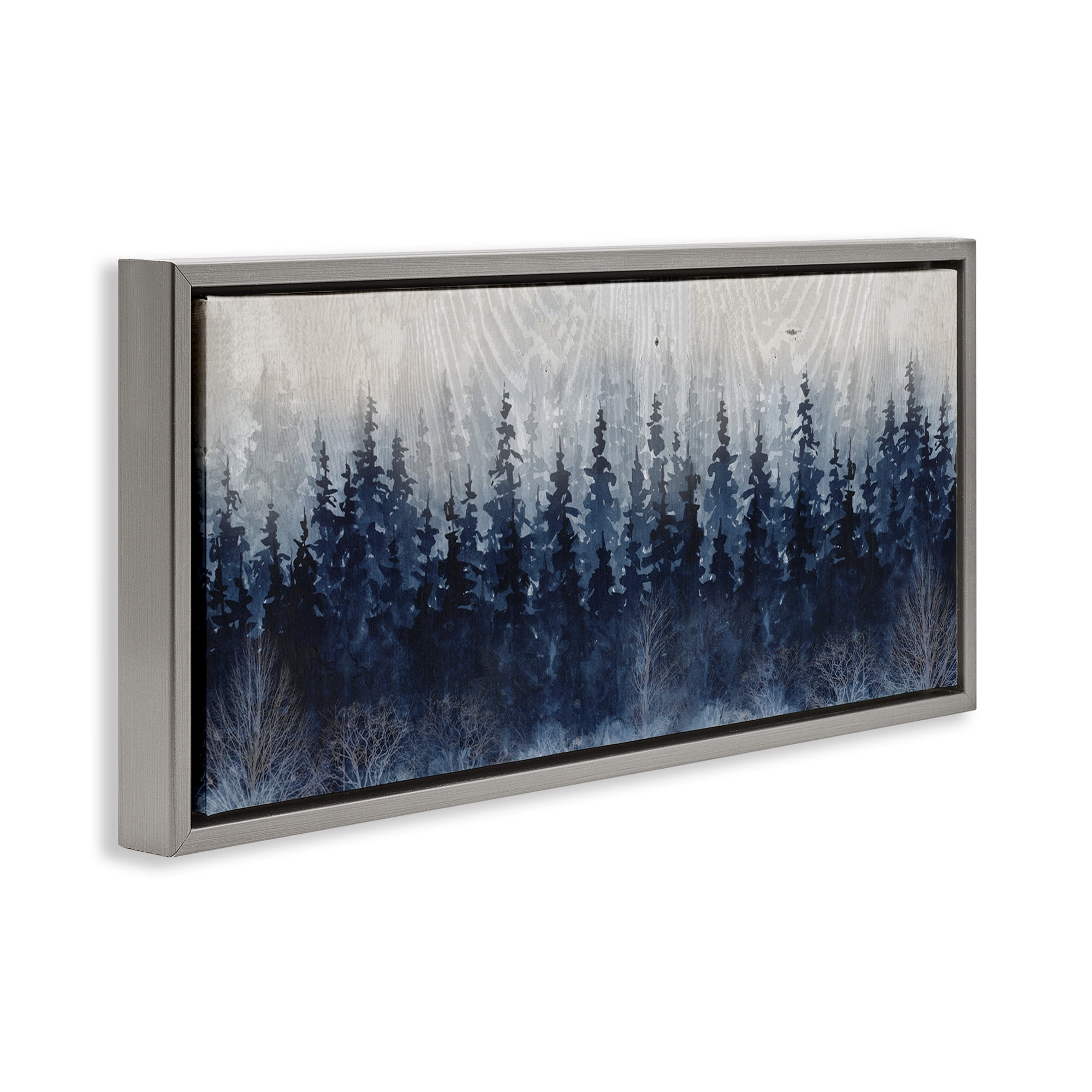Stupell Industries Rustic Blue Forest Tree Line Landscape Painting Gray Floater Framed Canvas Art Print Wall Art, 25 x 11