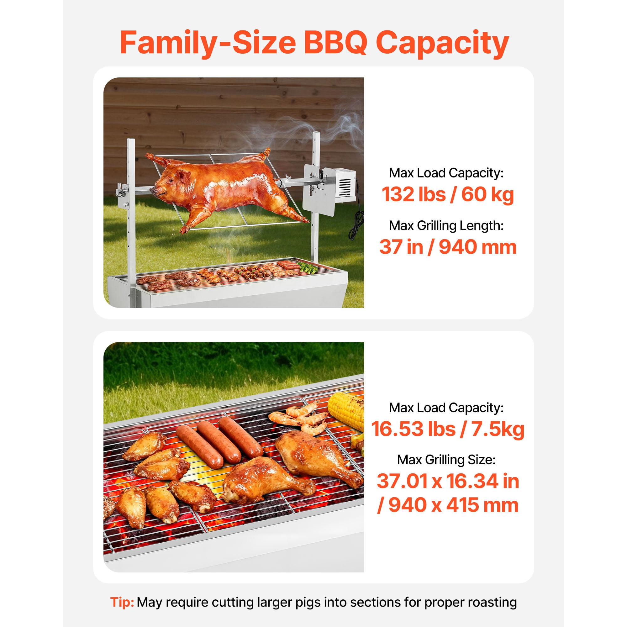 KFFKFF Rotisserie Grill with 38W Motor, Outdoor BBQ Spit Roaster for Pig & Lamb, Charcoal Grill with 132 lbs Capacity, Adjustable 7-Level Height, Stainless Steel Design with Wheels