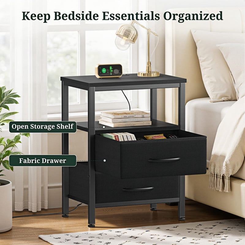 Kelno 2PCS Nightstand with 2 Fabric Drawers Charging Station USB TypeC Outlets Small Bedside Table with Open Storage Shelf, Black