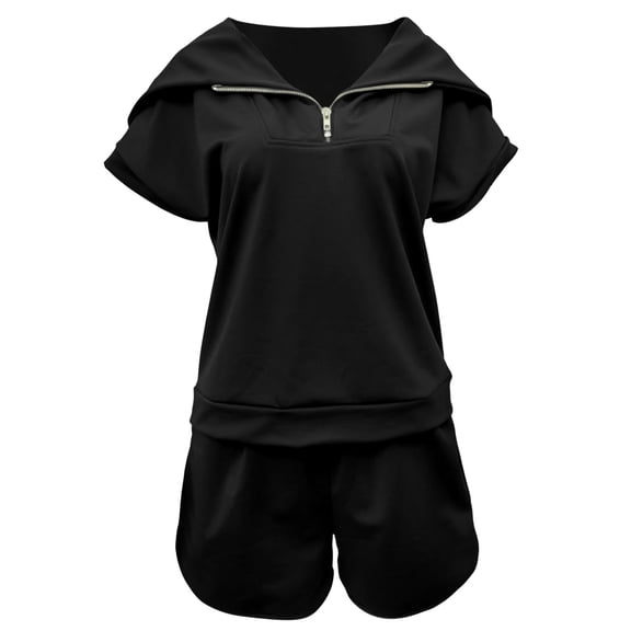 JIAYUE Womens Summer 2 Piece Sweater Sets Short Sleeve Lapel With Zipper Solid Color Outfits Spring Summer Fall Comfortable Relaxed Fit For Everyday Wear Ladies Two Piece Shorts Outfits