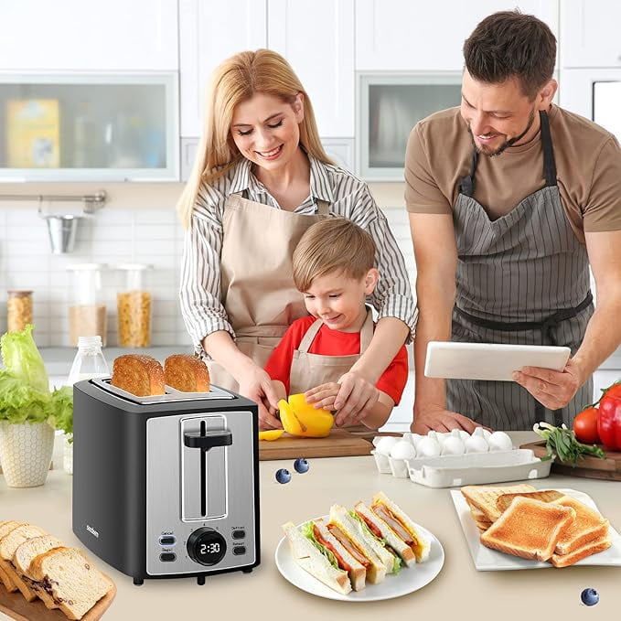 Toaster 2 Slice, Bread Toaster with LCD Display, 7 Shade Settings, 1.４'' Extra Wide Slots Toaster with Cancel, Bagel, Defrost, Reheat Functions, Removable Crumb Tray, 900W, Carbon Black