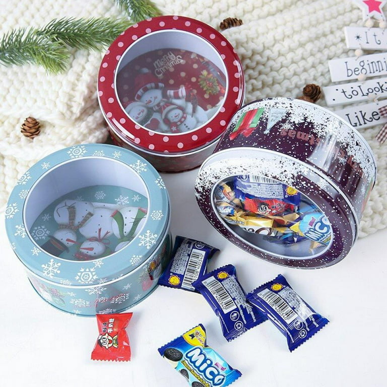 CLEARANCE! Christmas Themed Metal Round Tin Case Containers Cookie Tin Box  with Clear Window Lids Holiday Decorative Box