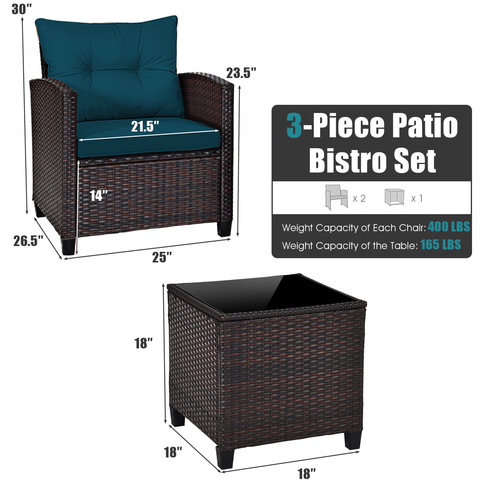Gymax Set of 3 Rattan Furniture Set Patio Cushioned Conversation Set Sofa Peacock Blue