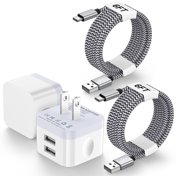 USB Wall Charger,2 Pack Type C Charger with 6FT Type C Charging Cable Cord USB C Cable Phone Cables,2.4A Dual Port Phone Charger Android Charger Block USB Plug Adapter USB Charging Block,White