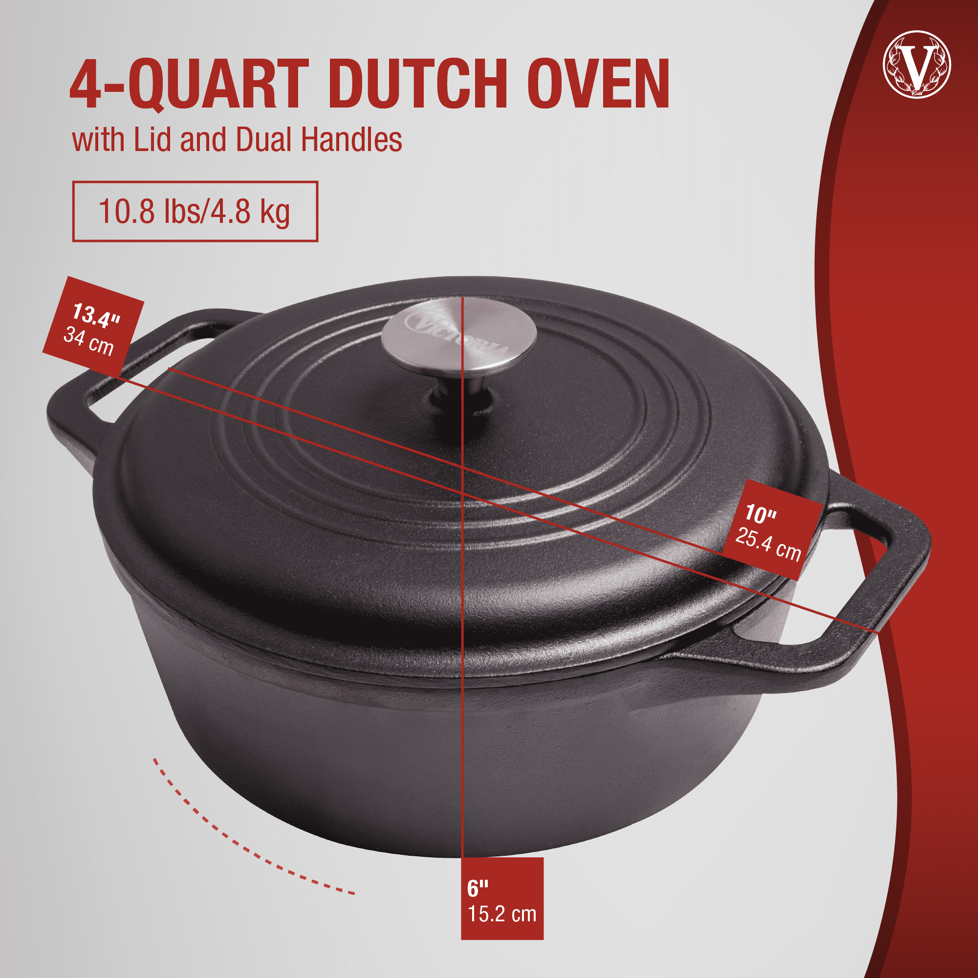 Victoria Cast Iron Large Dutch Oven with Lid and Dual Handles Pot Seasoned 7qt