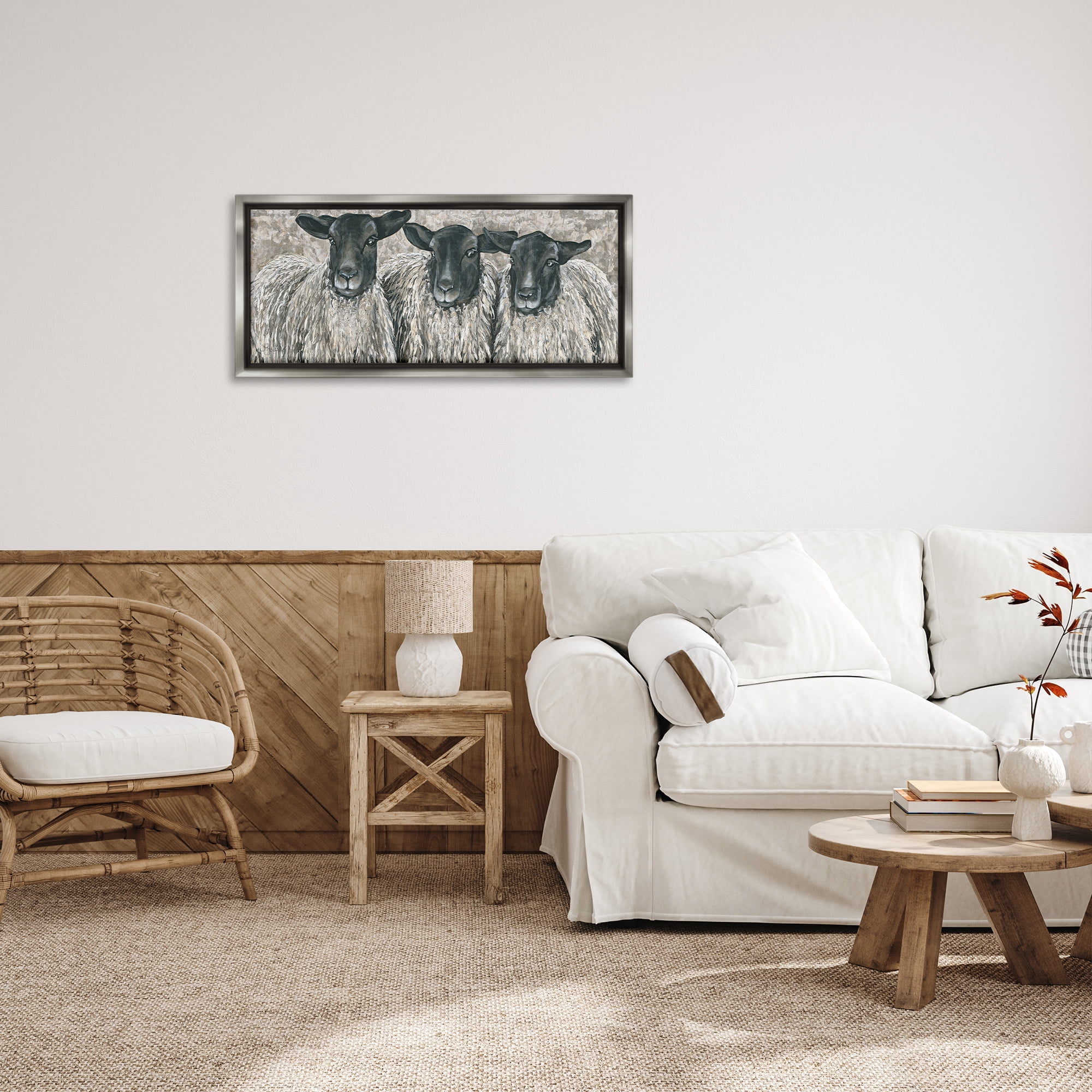 Stupell Industries Three Sheep Trio Portrait Animals & Insects Painting Gray Floater Framed Canvas Art Print Wall Art, 31 x 14