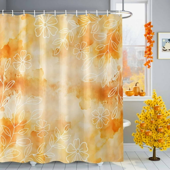 Watercolor Orange Shower Curtains for Bathroom, Leaf Flower Fall Autumn Waterproof Fabric Shower Curtain for Bathroom Bathtub Decoration, Machine Washable, 72"x72"
