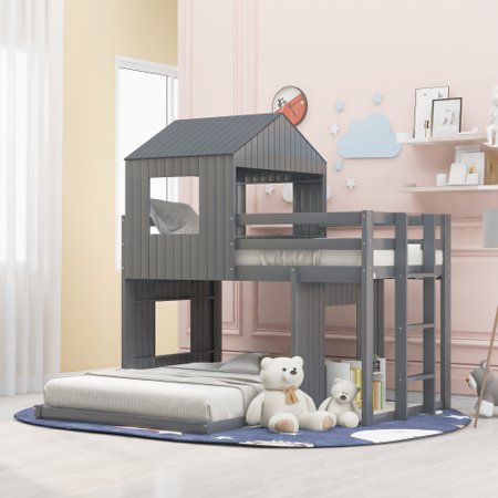 PEACNNG Wooden Twin Over Full Bunk Bed  Loft Bed with Playhouse  Farmhouse  Ladder and Guardrails   Gray