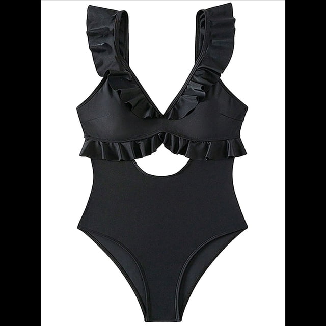 Traje de Baño de una Pieza para Mujer, con Control de Abdomen, Volantes, Cuello en V, Fruncido, Corte Adelgazante. Negro XL