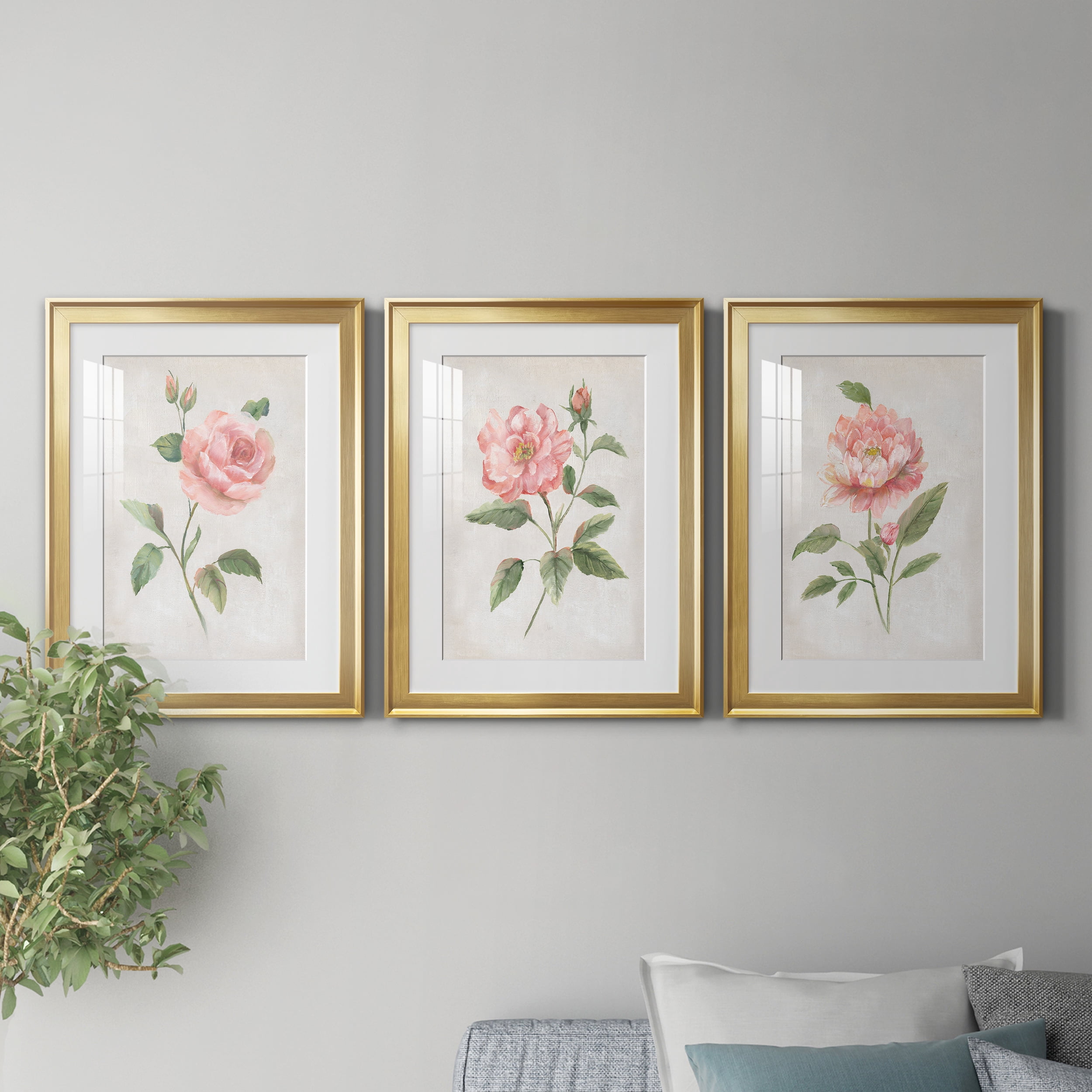 Grandiflora I Premium Framed Prints Set of 3 - Ready to Hang - 18 x 24 Each - Gold Frame