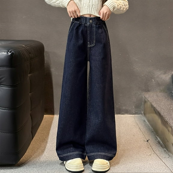 MAIHAN-Girls Wide Leg Denim Jeans| Comfortable Straight Leg Loose Fit Trousers for Teens| Fashion Casual Long Pants for Spring Summer Autumn | Everyday Wear for School & Outings(Dark Blue,5-6Years)
