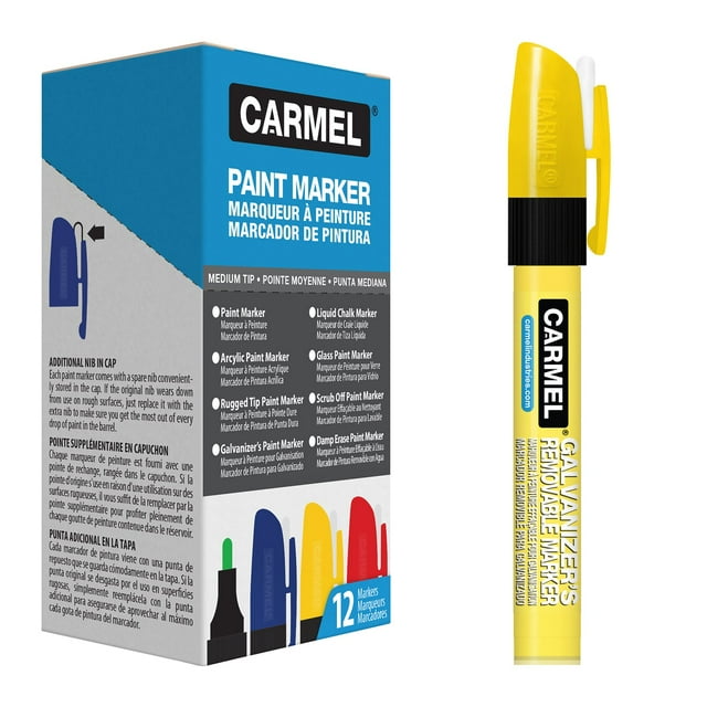 Carmel Galvanizer's Removable Paint Marker - Box of 12, featuring yellow valve-activated markers ideal for marking steel, iron, and metal surfaces with removable paint. The packaging highlights marker types, spare nib storage, and bilingual product details.