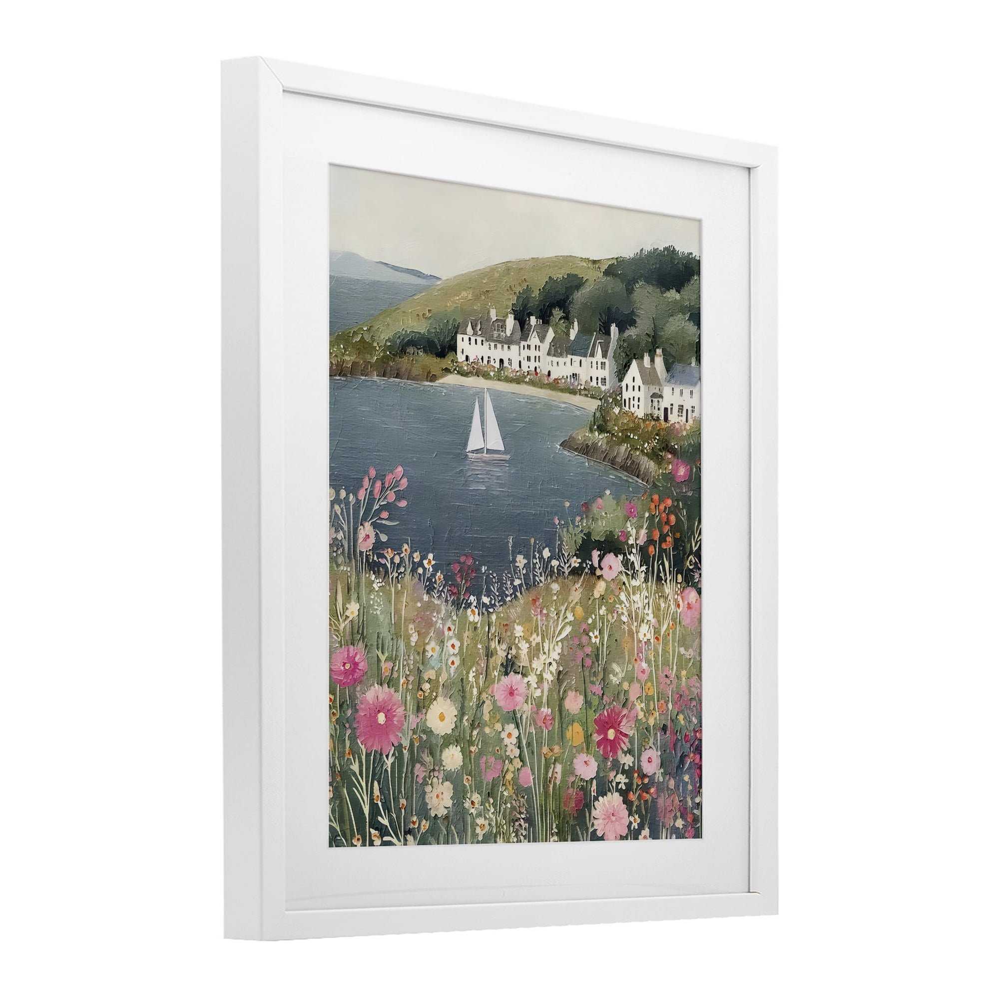 Stupell Industries Clifftop Meadow & Sailboat White Framed Print Under Glass, design by Riley B
