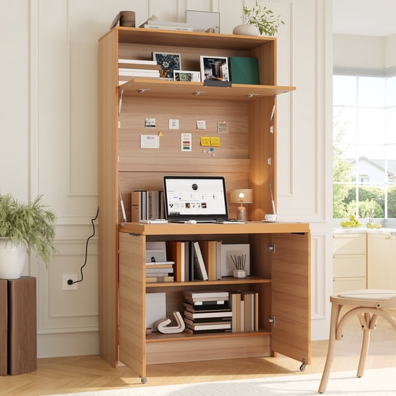 Euroco 69"H Kitchen Pantry Cabinet with Hutch and Foldable Workstation,Freestanding Food Hutch Storage Cabinet Cupboard with Adjustable Shelf and Power Outlet for Dining Room, Living Room,Natural