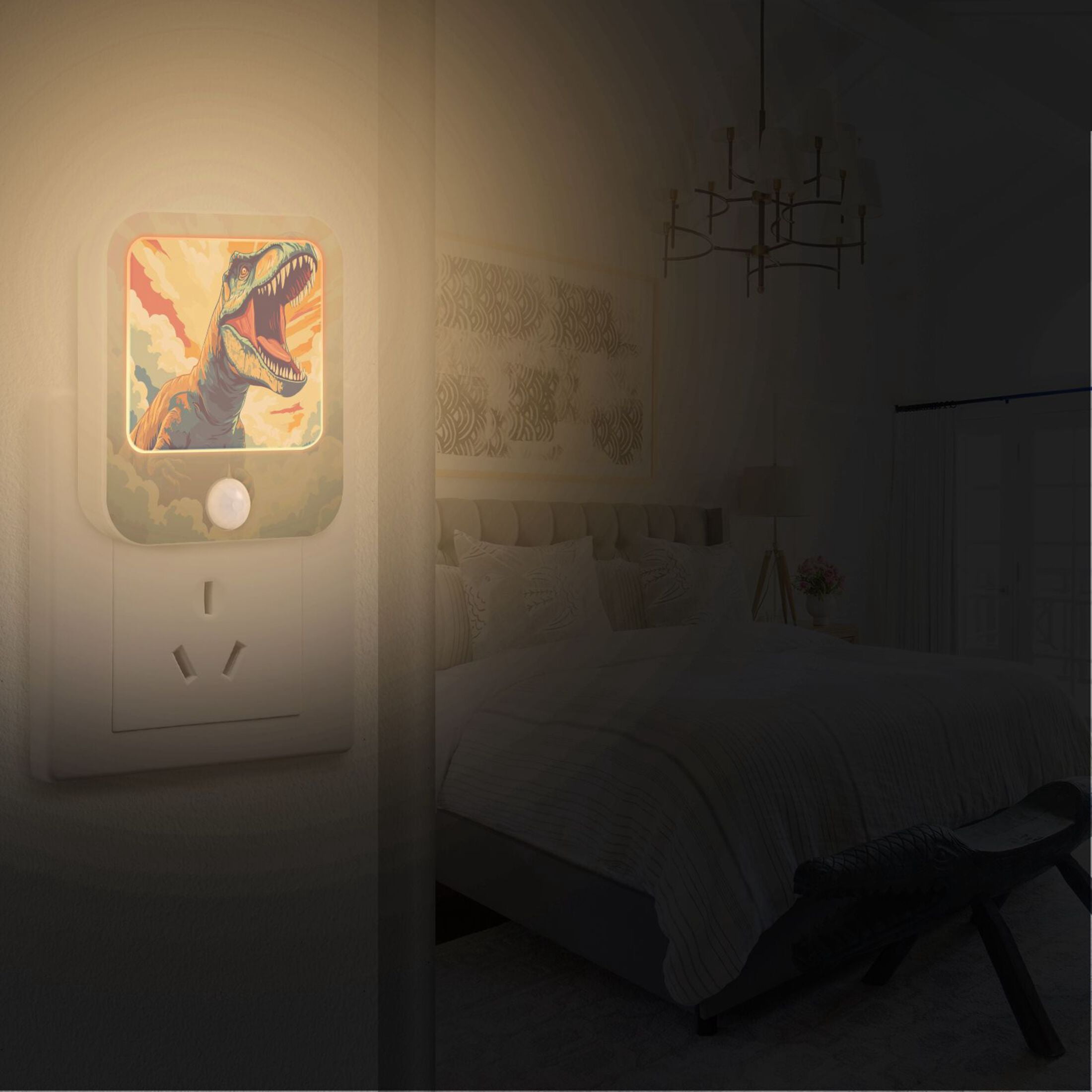 WOBOGO Illustration Of Dinosaur Roaring To The Sky Night Light Lamp with Smart Sensor Dusk to Dawn Sensor 0.6W Plug-in 2-Pack