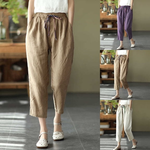 VBVC Women's Plus Cotton Linen Cropped Pants, Drawstring Casual Trousers For Women, Ladies' Tapered Summer Pants with Pockets, Beige , L-5XL