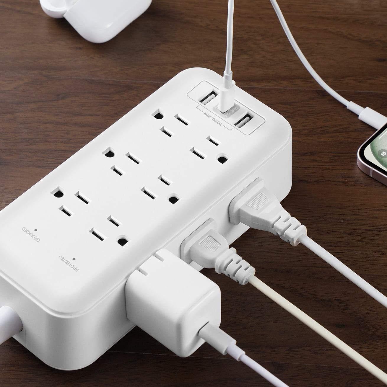 Hyper Tough USB Power Strip Surge Protector, 12 Outlet, USB Fast Charger, 10ft Extension Cord, White