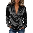 thumbnail image 2 of Qgtaibl Womens Work Long Sleeve Blouses Satin Wrap Deep V Neck Pleated Shirts Elegant Loose Fit Office Dressy Tops Black XXL, 2 of 9