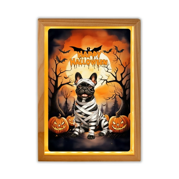 Mummy French Bulldog Happy Halloween with Pumpkins Bats Spooky Fun Acrylic Plaque with Wood Photo Frame Box Dog Lover Gifts Light Box - 00019