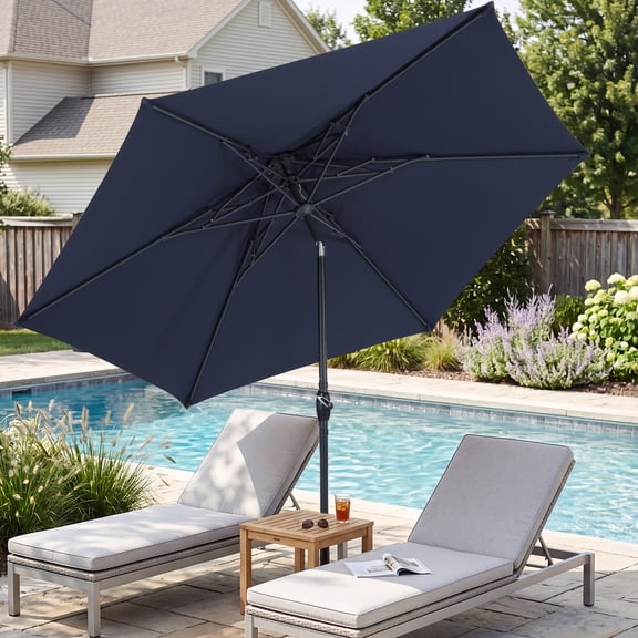 Autlaycil 10ft Navy Blue Outdoor Patio Umbrella with 3 Tiers Frame Octopus-arm Structure, Push Button Tilt, Crank