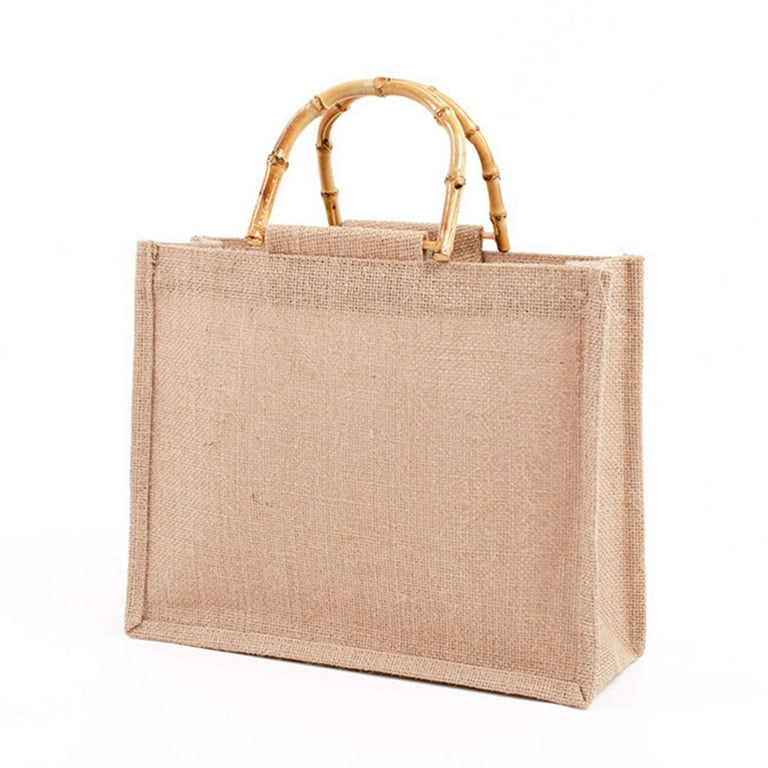 Techinal Portable Burlap Jute Shopping Bag Handbag Bamboo Loop Handles Reusable Grocery Bags