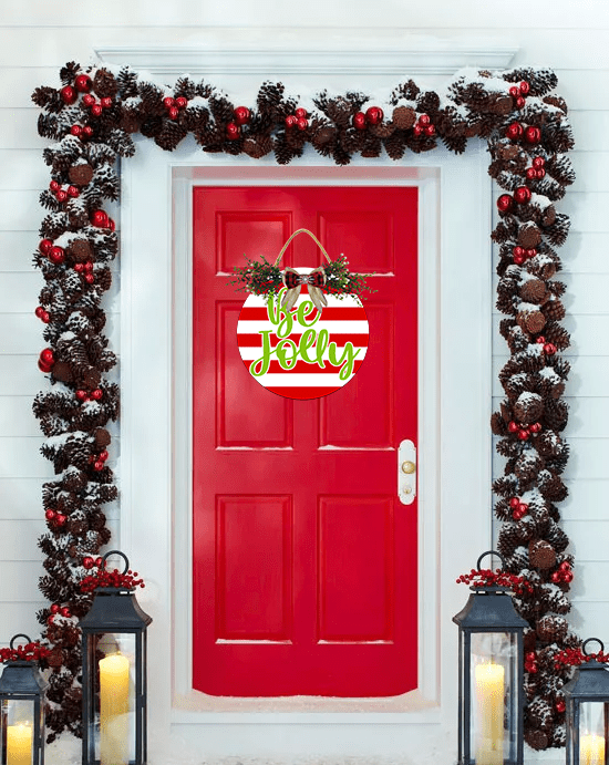 Eveokoki Be Jolly Door Hanging Sign 11 inch Wooden Wall Sign, Rustic Holiday Wreath Decor for Front Door Porch Home Window Wall Farmhouse Decorations