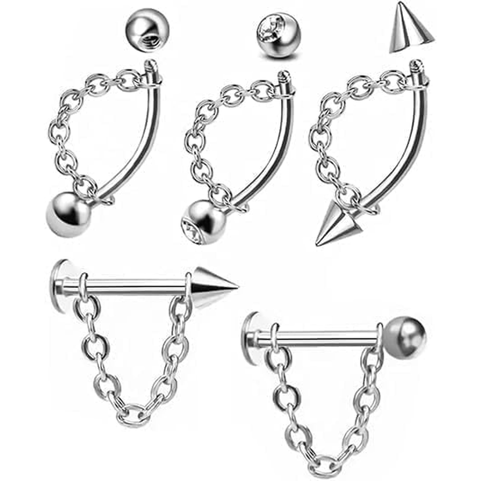 316L Stainless Steel Vertical Labret Lip Piercing Jewelry, 16G 8mm Tragus Helix Rook Earrings with Chain for Women Men 5PCS