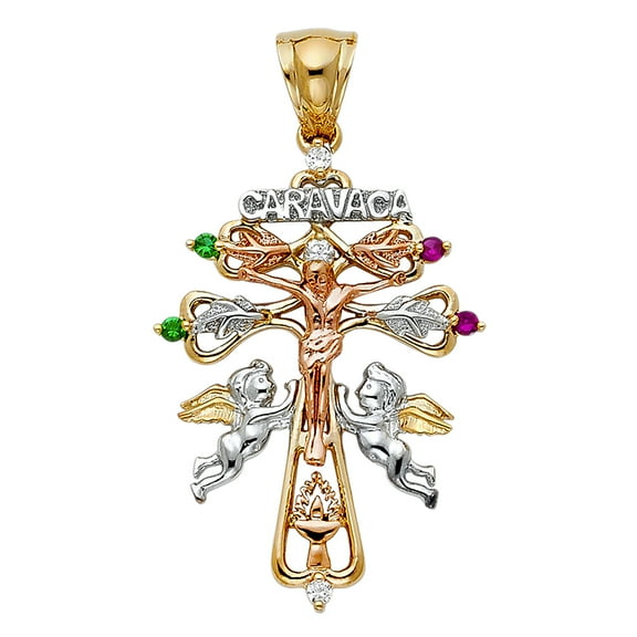 14k Tri-Color Gold Caravaca Crucifix w/ Hearts Pendant God is Love Faith Charm Jewelry Female Unisex