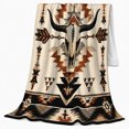 thumbnail image 2 of Western Steer Geometric Emblem, Rustic Desert Style for Ranch Style Fans, Cream Pumpkin Sofa Scene and Thanksgiving Gift, Warm Flannel Blanket for Cabin and Living Room, Home Decor, 2 of 9