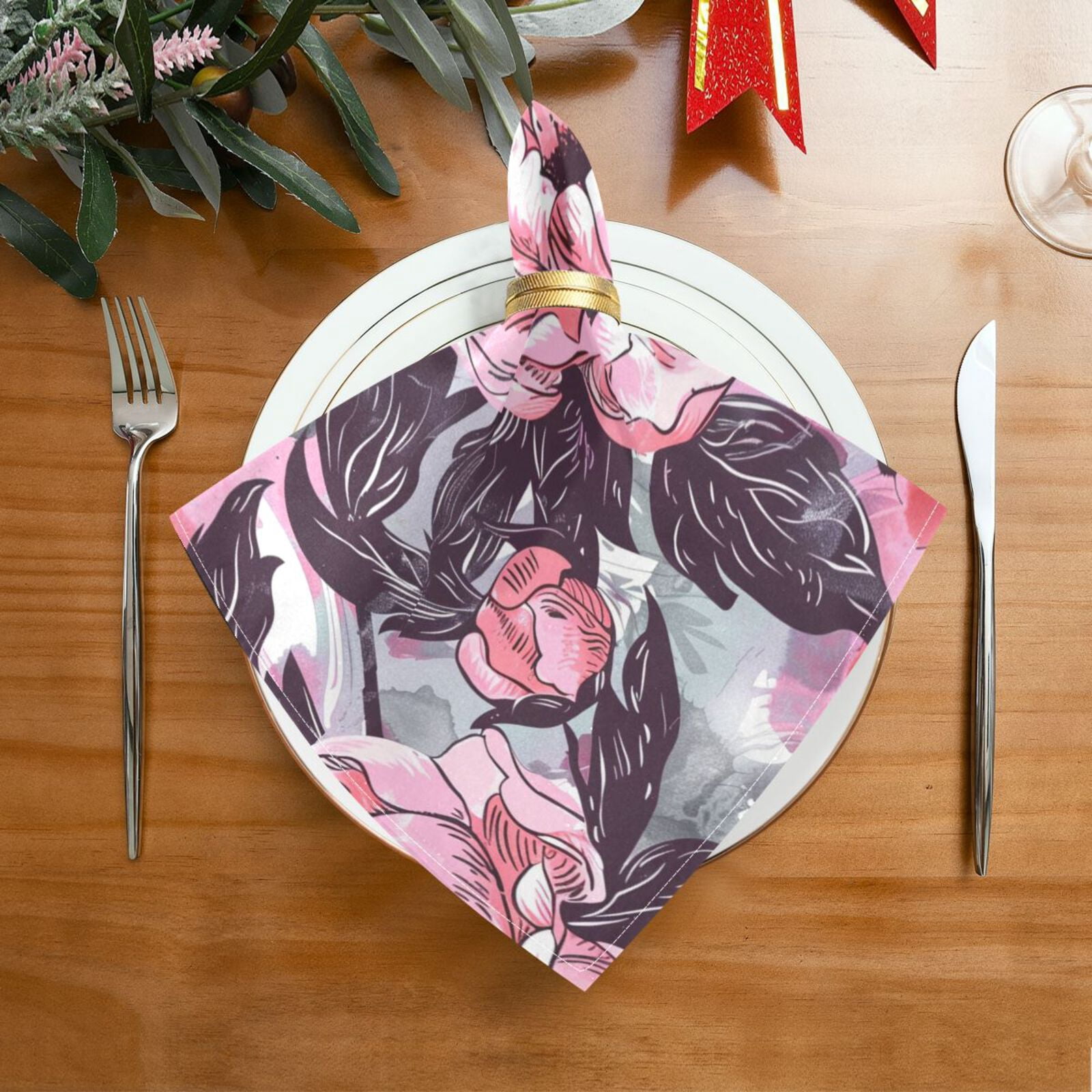 JSTEL Pink Peony Flower Watercolor Cloth Napkins Set of 6, 20x20 Inch Washable and Reusable Napkin for Decoupage Dinner Party Everyday Use
