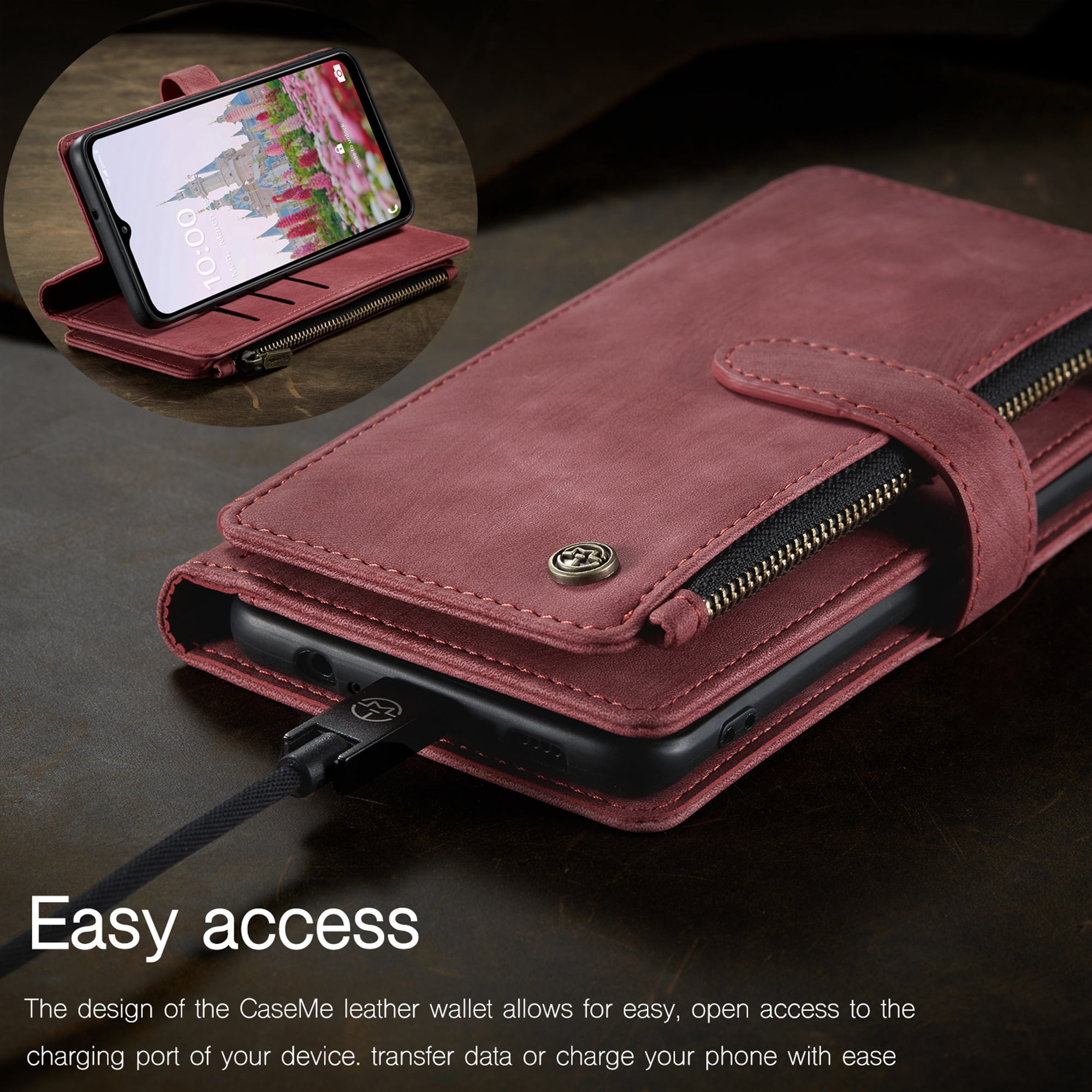 K-Lion for Samsung Galaxy A21 Case, Galaxy A21 Case Wallet for Women Men, Durable PU Leather Magnetic Wallet Flip Lanyard Strap Wristlet Zipper Card Holder Phone Case for Samsung Galaxy A21,Red