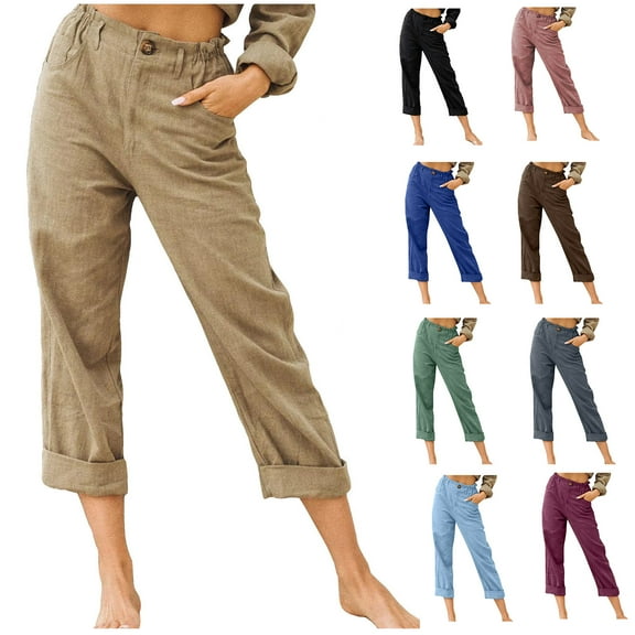 Summer Capri Pants for Women, Women's Cotton Linen Button Cropped Pants Ankle Soild Color Trousers with Pockets