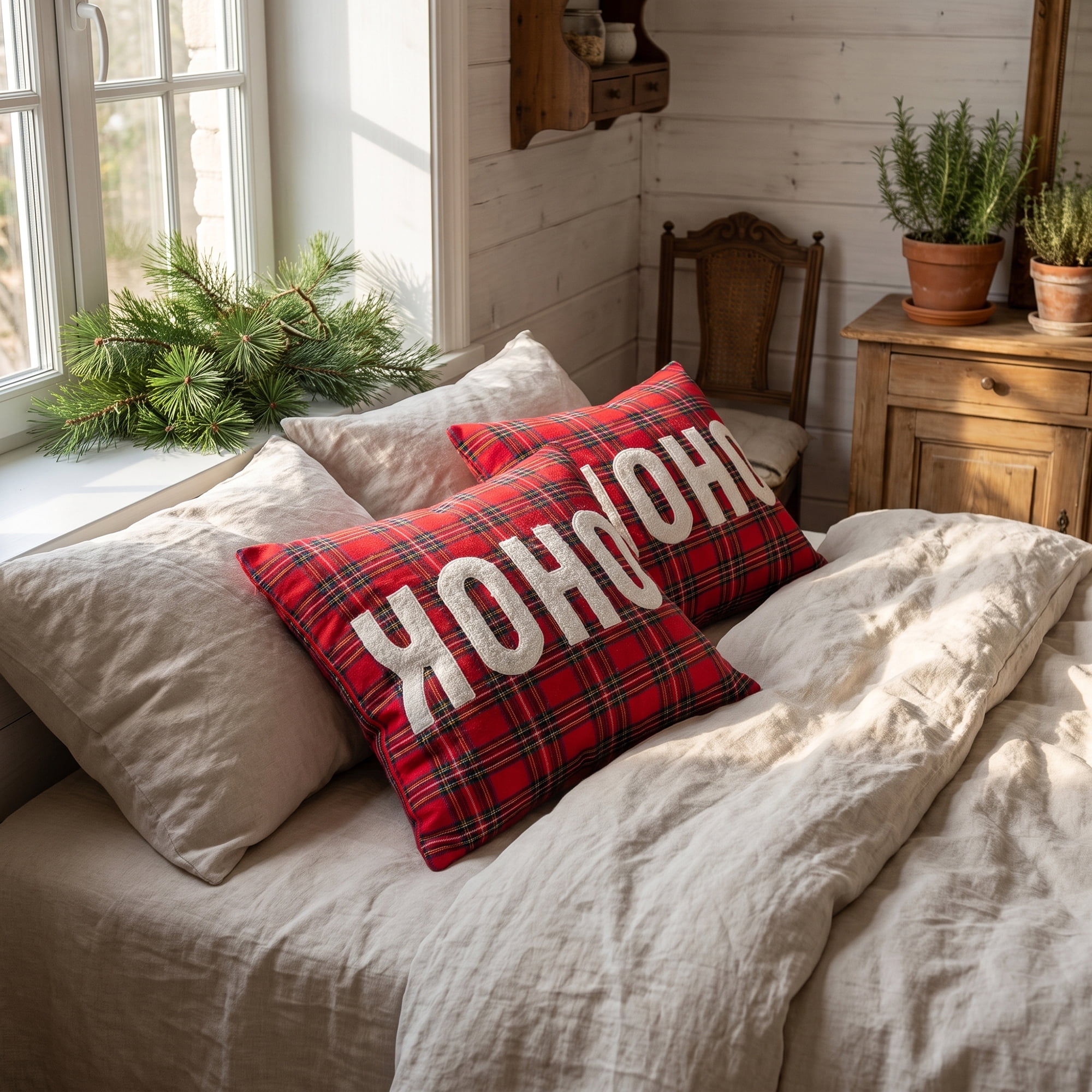Unique Bargains Plaid Throw Pillow Covers Tartan Cushion Cases Red Plaid HoHoHo 18"x18"