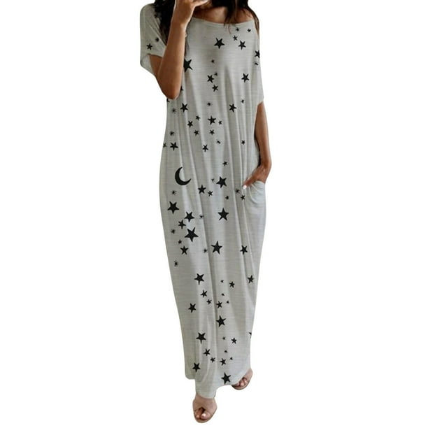 Womens Daily Short Sleeve Print Casual Inclined Shoulder Maxi Sleep