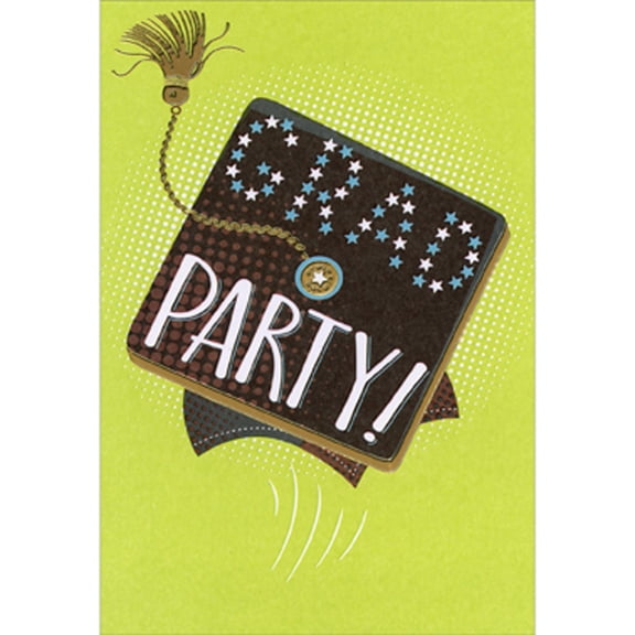 Designer Greetings Grad Party on Top of Cap, Small Stars and Gold Foil Tassel on Green Package of 8 Graduation Party Invitations