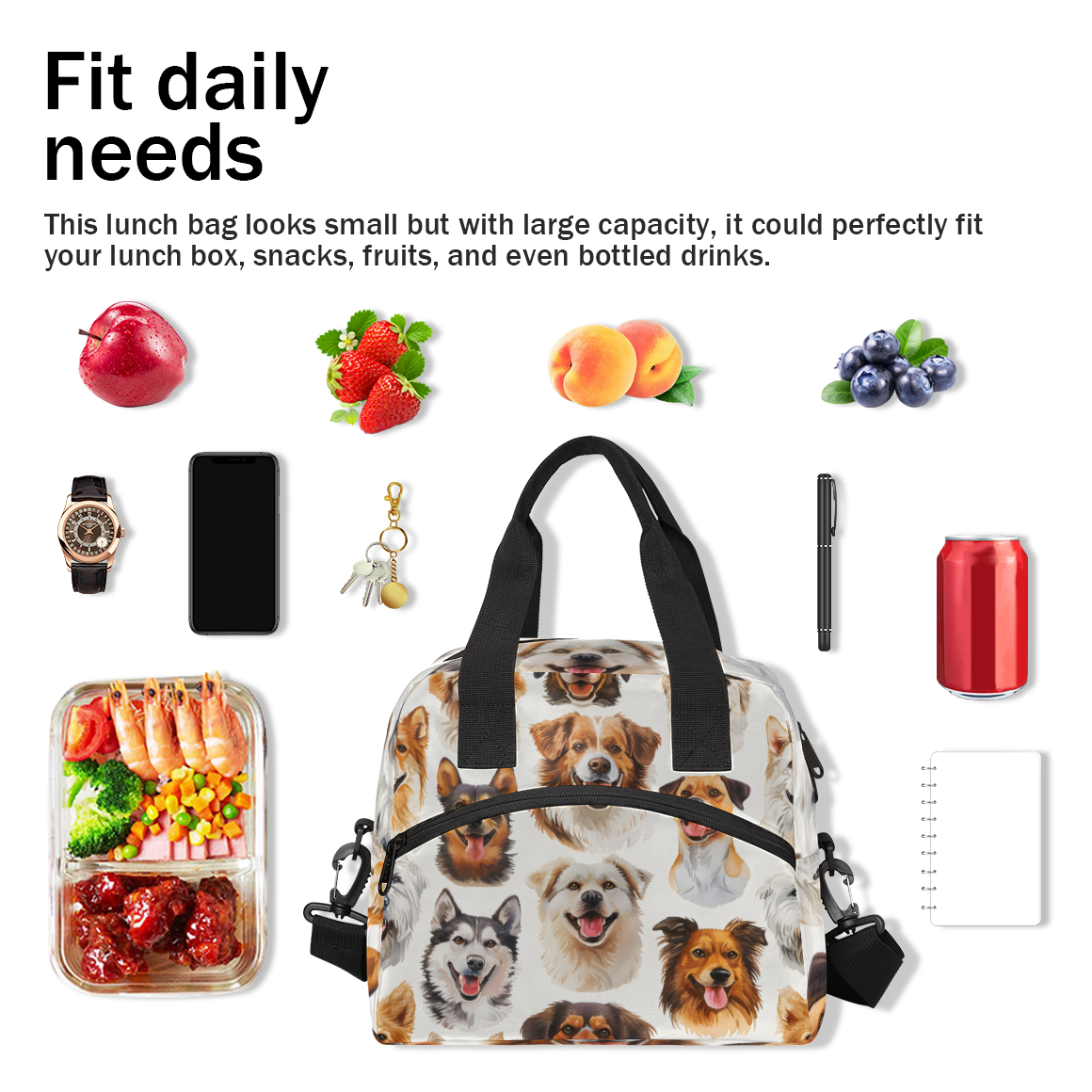 Herdesigns Cute Dogs Insulated Lunch Bag for Women Men Adults Large Reusable Lunch Box Puppy Pets Leakproof Cooler Tote Bags with Adjustable Shoulder Strap