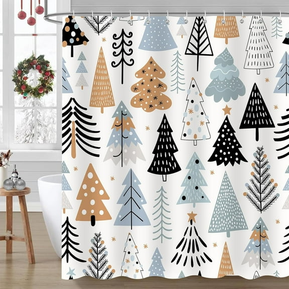 Christmas Shower Curtain, Blue Merry Christmas Tree Bathroom Curtains Accessory, Winter Xmas Holiday Waterproof Fabric Shower Curtains Set for Bathroom Decor Set 72x72 Inch
