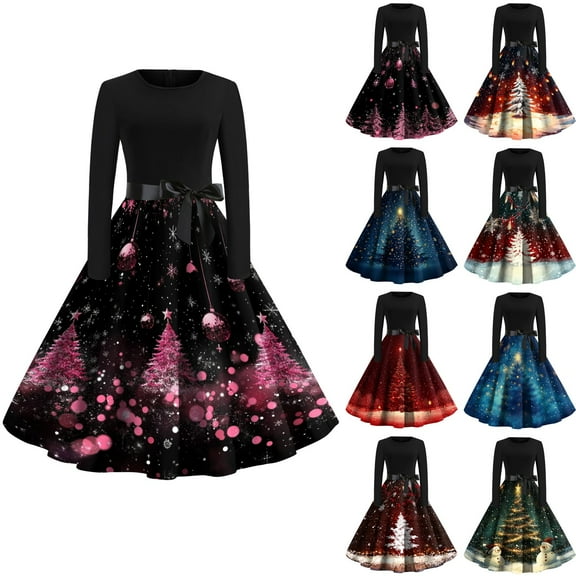 Christmas Dresses for Women Women's Christmas Printed Round Neck Big Hem Skirt Pleated Skirt Long Sleeved Dress with Christmas Tree Print for Holiday Party,Army Green,L