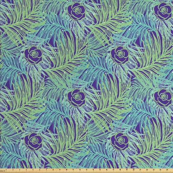 Botanical Fabric by the Yard, Summer Jungle Pattern with Flowers and Leaves, Decorative Upholstery Fabric for Sofas and Home Accents, Blue Violet Turquoise by Ambesonne